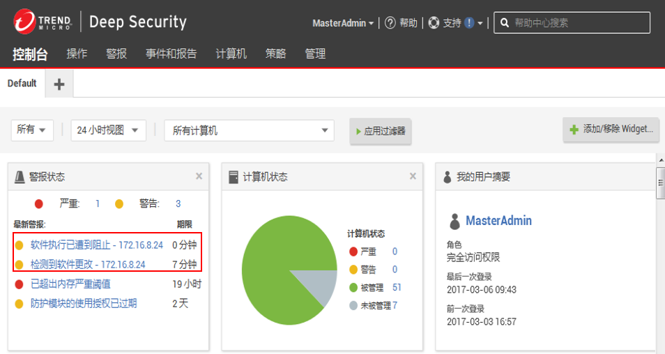 显示了应用程序控制警报的控制台的警报状态 widget。