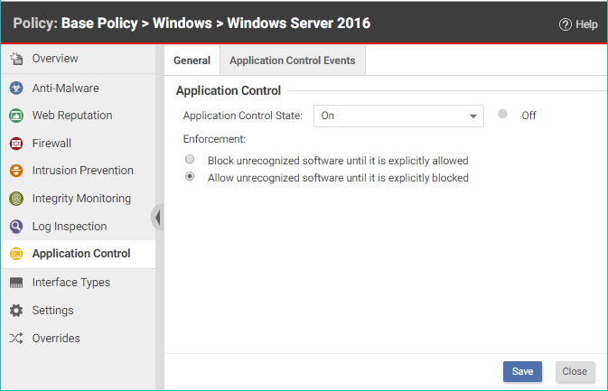 Screenshot of policy editor with application control enabled