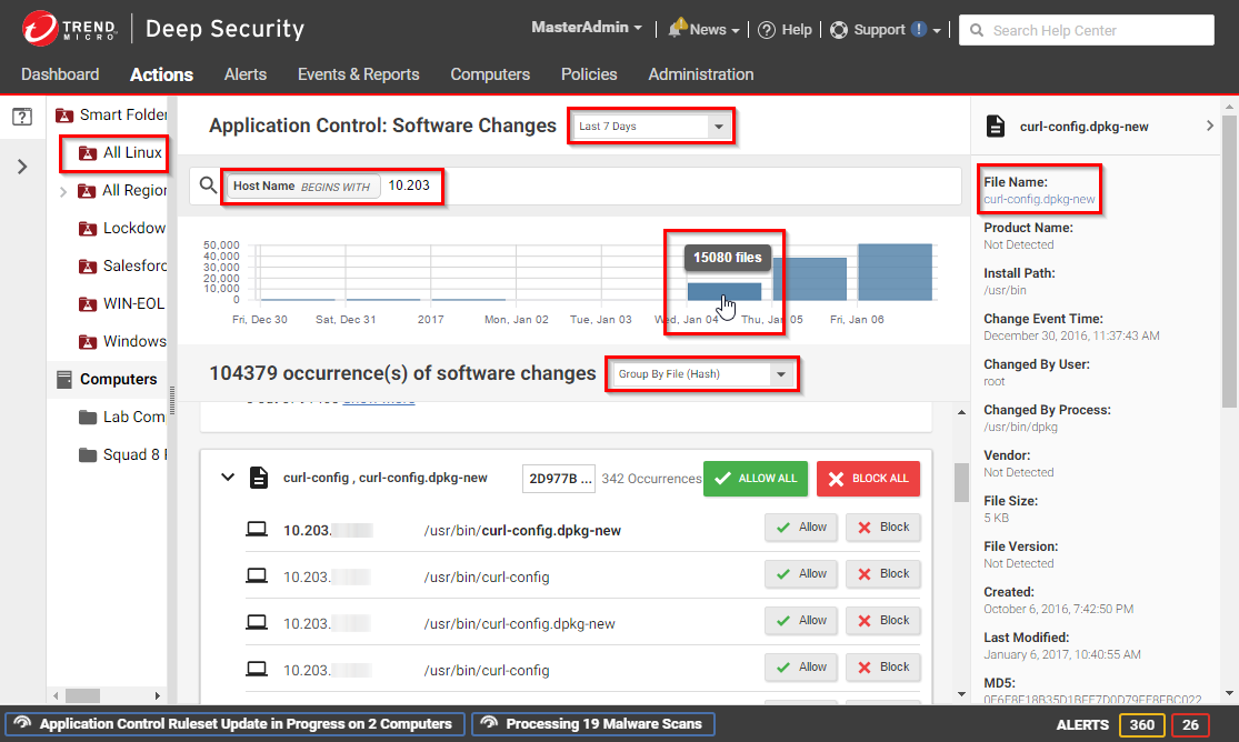 Actions tab allows you to view drift away from your approved software inventory, and to allow or block software. To filter the list, choose a time period, click blue links, or type search filters.