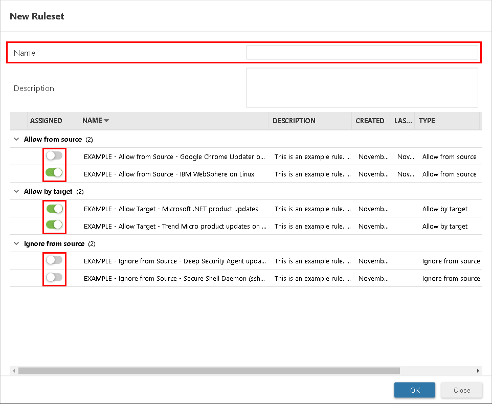 Rules selected in the New Ruleset screen