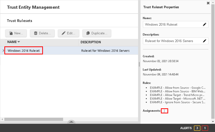 A trust ruleset selected showing its properties and number of assignments