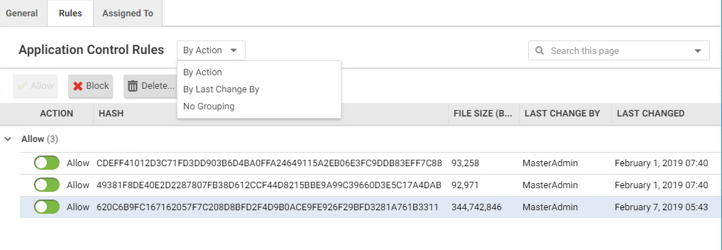 Application Control rules actions