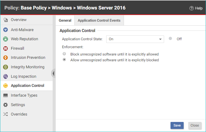 Screenshot of policy editor with Application Control enabled