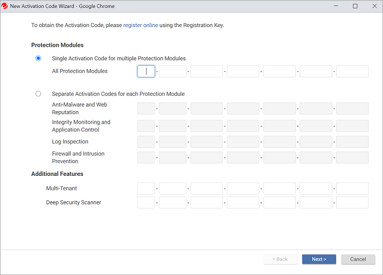 Screenshot of an empty New Activation Code wizard, where you can enter activation codes for all protection modules or for individual protection modules and features.