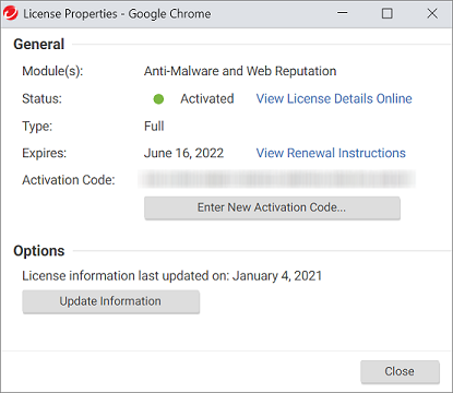 Screenshot of License Properties page, showing the module name, status, type, expiration date, and activation code. This page also enables you to view license details, view renewal instructions, and update your license.