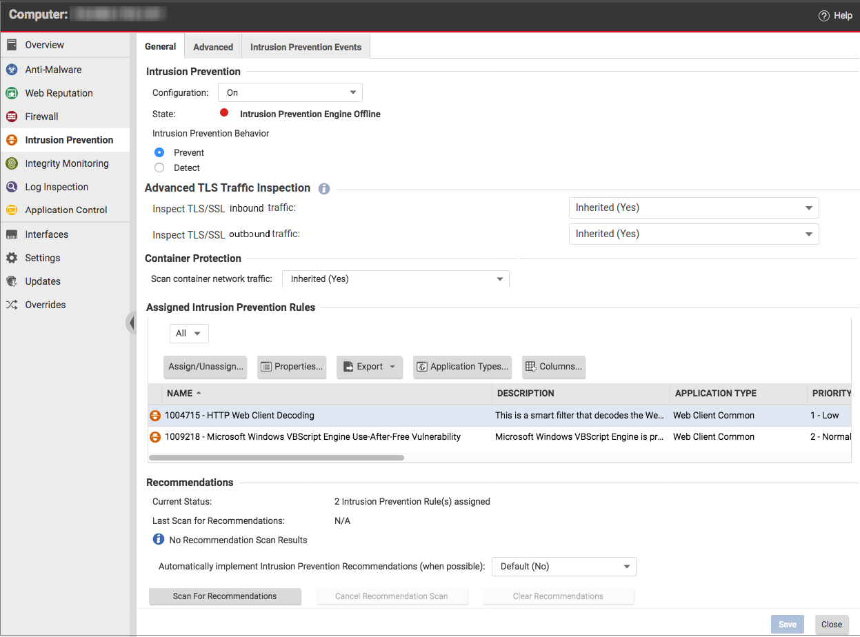 Screenshot of Intrusion Prevention settings in Computer editor