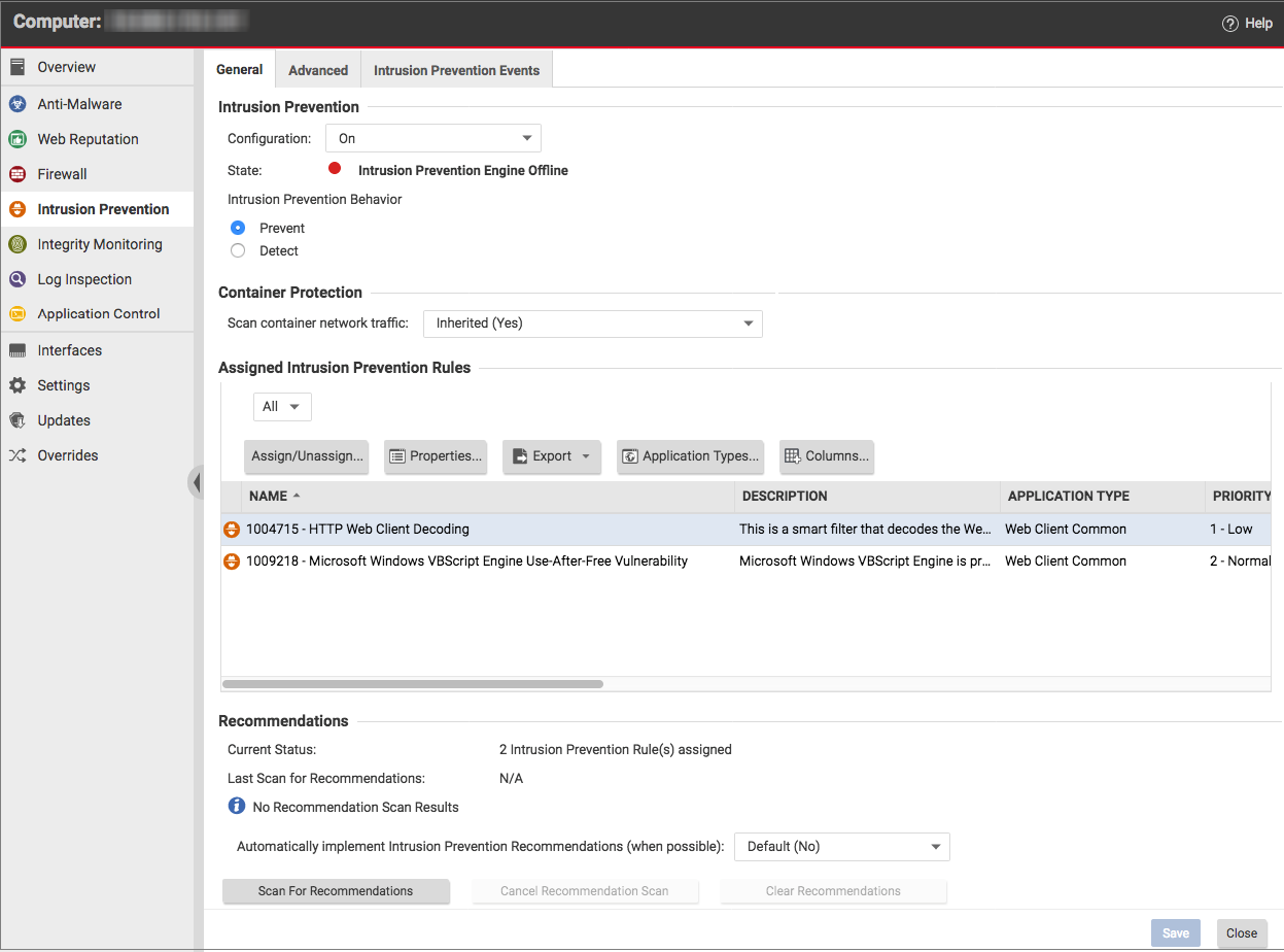 Screenshot of Intrusion Prevention settings in Computer editor